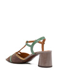 Chie Mihara Ryejo women's taupe, jade and bronze leather T-strap sandal, cylindrical block heel, luxury shoes made in Spain