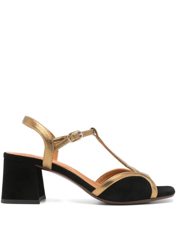 Sandalia Negra-Oro Tacón Medio