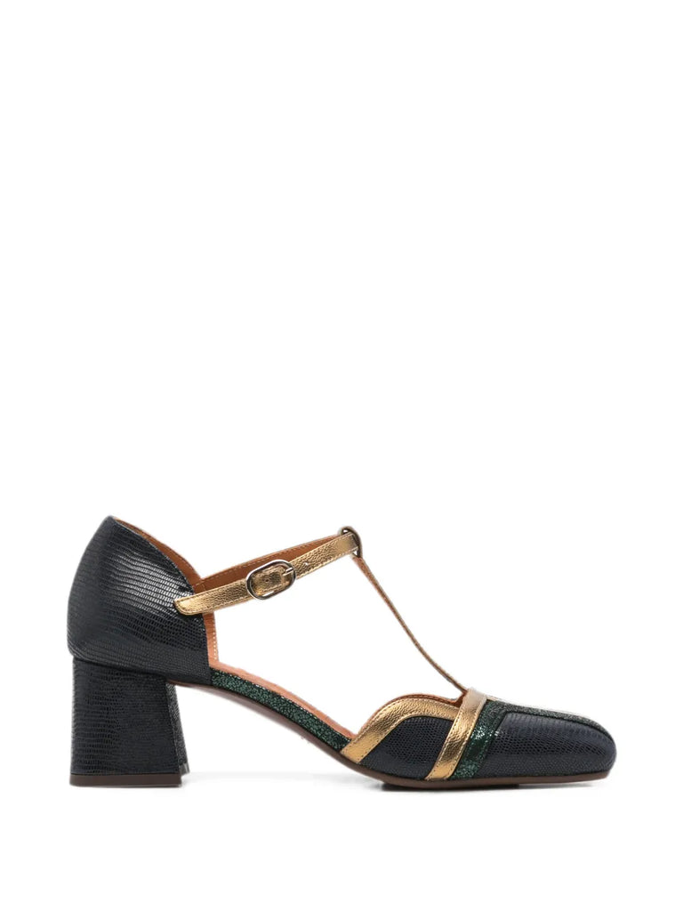 Zapato Tacón Medio Azul - Oro