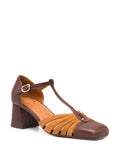 Chie Mihara Vudui brown cognac suede and lizard leather T-bar pump, comfortable mid block heel and ankle strap buckle, artisan leather shoes

