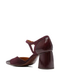 Chie Mihara Abanon women's grape crinkle patent leather and suede Mary Jane shoes, square toe mid block heel, European designer shoes made in Spain