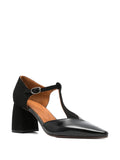 Chie Mihara Amatea black suede and crinkle patent leather T-strap pump, geometric mid block heel and ankle strap buckle, artisan leather shoes

