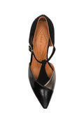 Chie Mihara Amatea black suede and crinkle patent leather T-strap pump with comfortable mid block heel, handmade in Spain

