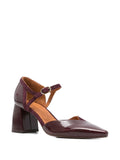 Chie Mihara Abanon burgundy crinkle patent leather Mary Jane pump, square pointed toe and stylish comfortable mid block heel, artisan leather shoes

