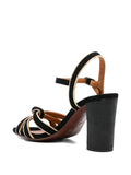 Chie Mihara Ballah black suede block heel sandal with gold trim and ankle strap, luxury shoes Spain