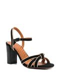 Chie Mihara Ballah women's high heel sandal in black suede and gold, knotted front straps

