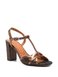 Chie Mihara Bejo brown and copper metallic T-strap slingback sandal, textured block heel and ankle buckle