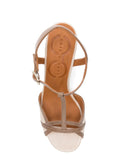 Chie Mihara Bejo ivory crinkle leather and grey patent T-strap sandal, comfortable high block heel with wooden base and ankle strap buckle, artisan leather shoes

