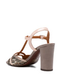 Chie Mihara Bejo women's powder pink taupe grey python snake leather T-strap slingback sandal with block heel, luxury shoes made in Spain

