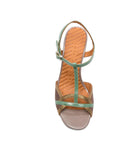 Chie Mihara Bejo taupe jade green and gold metallic T-strap sandal, leather sole with non-slip rubber pad, known for exceptional comfort and fit, handmade in Spain