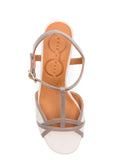 Chie Mihara Bejo white crinkle leather and grey patent T-strap sandal, Chie Mihara leather insole, designer comfort sandals made in Spain

