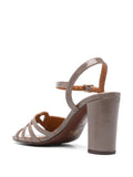 Chie Mihara Belulu slate grey suede and taupe patent leather strappy sandal, Chie Mihara leather insole, designer comfort sandals made in Spain

