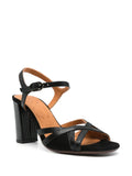 Chie Mihara Bemon black suede and lizard print leather cross-strap sandal, open toe and comfortable woven high block heel, artisan leather shoes

