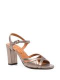 Chie Mihara Bemon iron pewter metallic leather cross-strap sandal, Chie Mihara leather insole and ankle strap buckle, designer comfort sandals made in Spain

