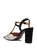 Chie Mihara Biagio women's black suede and gunmetal iron pewter metallic T-strap slingback sandal with block heel, luxury shoes made in Spain