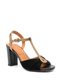 Chie Mihara Biagio black suede and bronze metallic leather T-strap sandal, comfortable woven high block heel and ankle strap buckle, artisan leather shoes

