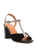 Chie Mihara Biagio black suede and pewter metallic T-strap sandal, top view with Chie Mihara leather insole and woven block heel, premium leather footwear

