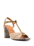 Chie Mihara Biagio nude toast suede and gold metallic T-strap sandal, top view with Chie Mihara leather insole and snake print block heel, premium leather footwear

