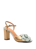 Chie Mihara Biuty bronze gold and mint jade leather flower slingback sandal, high block heel and ankle buckle