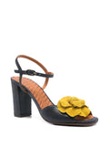 Chie Mihara Biuty dark blue leather slingback sandal with lemon yellow leather flower appliqué and block heel

