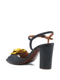 Chie Mihara Biuty women's midnight navy blue lizard leather sandal with yellow ochre leather flower and block heel, luxury shoes made in Spain