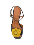 Chie Mihara Biuty navy lizard leather sandal with mustard flower, leather sole with non-slip rubber pad, known for exceptional comfort and fit, handmade in Spain