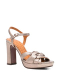 Chie Mihara Cabeit gunmetal silver metallic leather braided strap platform slingback sandal, high block heel and ankle buckle