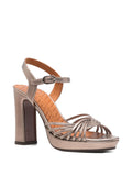 Chie Mihara Caneti pewter metallic leather knotted strap platform slingback sandal, high block heel and ankle buckle

