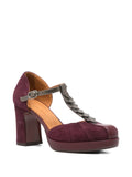 Chie Mihara Dafaba burgundy suede and gunmetal metallic leaf T-strap platform pump, top view with Chie Mihara leather insole, premium leather footwear

