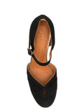 Chie Mihara Devi black suede cutout Mary Jane shoe, leather sole with non-slip rubber pad, known for exceptional comfort and fit, handmade in Spain

