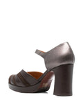 Chie Mihara Devi women's dark brown leather and iron metallic platform pump with high block heel, vintage inspired footwear made in Spain

