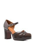 Chie Mihara Devi dark brown leather and iron metallic platform pump, high block heel and ankle strap buckle, artisan leather shoes

