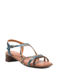 Chie Mihara Fedan testa brown and bronze snake print strappy sandal, open square toe with teal leather slingback and stylish comfortable low block heel, artisan leather shoes

