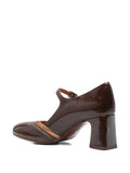 Chie Mihara Feva women's dark brown patent leather and bronze metallic Mary Jane shoe with block heel, luxury shoes made in Spain