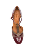 Chie Mihara Filly burgundy patent leather and taupe suede T-strap shoe, comfortable mid block heel and ankle buckle

