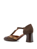 Chie Mihara Filly women's dark brown suede and patent leather T-strap pump with bronze metallic detail, stylish comfortable mid heel, European designer shoes made in Spain