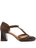Chie Mihara Filly mid heel shoe in brown patent leather and suede with metallic bronze details