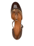 Chie Mihara Filly mid heel shoe in brown patent leather and suede with metallic bronze details