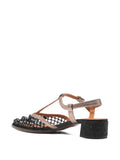 Chie Mihara Hagila women's black mesh and pearl embellished shoe with silver metallic T-strap and block heel, luxury shoes made in Spain