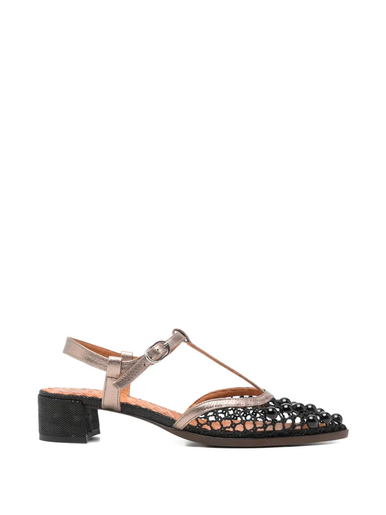 Zapato Tacón Bajo Malla Negra - Plata