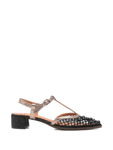 Zapato Tacón Bajo Malla Negra - Plata