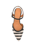 Chie Mihara Haler black and white striped canvas slingback shoe with block heel, handmade in Spain

