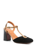 Chie Mihara Hazel black suede and gold metallic leather T-strap sandal, draped suede vamp and comfortable high block heel, artisan leather shoes

