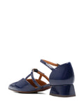 Chie Mihara Heida women's navy blue crinkle patent leather double strap pump, stylish comfortable low block heel, European designer shoes made in Spain