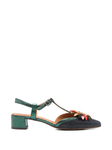 Zapato Tacón Bajo Navy - Verde con Flor