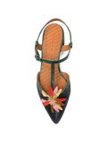 Chie Mihara Heleni navy blue and green metallic leather shoe with multicolor flower appliqué and block heel, handmade in Spain

