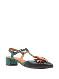 Chie Mihara Heleni women's navy blue and green metallic leather shoe with multicolor leather flower appliqué and block heel, luxury shoes made in Spain