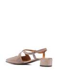 Chie Mihara Hesana women's taupe grey patent leather cross-strap slingback shoe with block heel, luxury shoes made in Spain