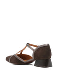 Chie Mihara Hidrow women's dark brown suede and pewter metallic leather T-strap pump, comfortable low block heel, European designer shoes made in Spain