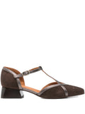 Chie Mihara Hidrow pumps in dark brown suede with metallic leather, 3 cm block heel